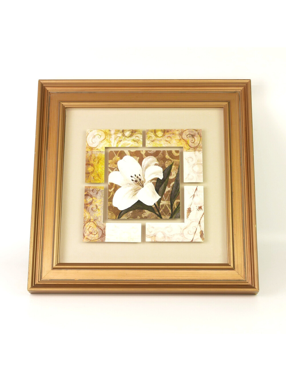 Vintage White Lily Floral Wall Art Collage Print Gold Color Frame 16” Square